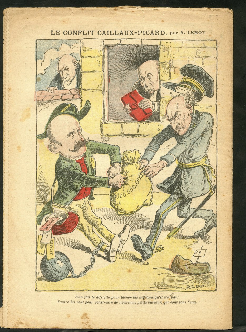 Illustrazione di Achille Lemot in Le Pelerin, 07/03/09 - Il conflitto Caillaux-Picard - Tassazione, Imposta sul reddito - Combes Emile, Clemenceau George, Caillaux Joseph da Achille Lemot