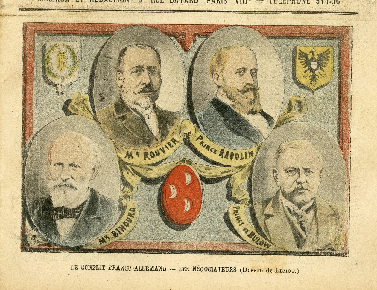Illustrazione di Achille Lemot in Le Pelerin, 09/07/05 - Il conflitto franco-tedesco i negoziatori - Colonizzazione Colonialismo Colonie, Germania Prussia, Marocco, Francia, Tangeri - Rouvier Maurice, Bulow Bernhard von, Rad da Achille Lemot