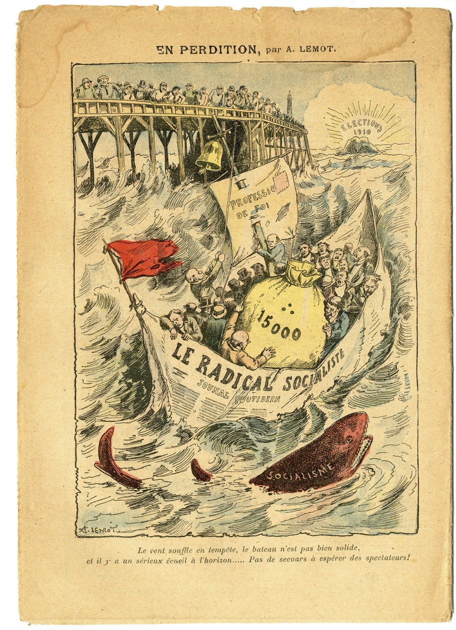 Illustrazione di Achille Lemot in Le Pelerin, 20/06/09 - In perdizione - Radicalismo, Elezioni, Antimaconismo, Marina Marittima, Quindicimila, Indennità parlamentari, Partito Radicale e Socialista Radicale - Pesce, Squalo da Achille Lemot