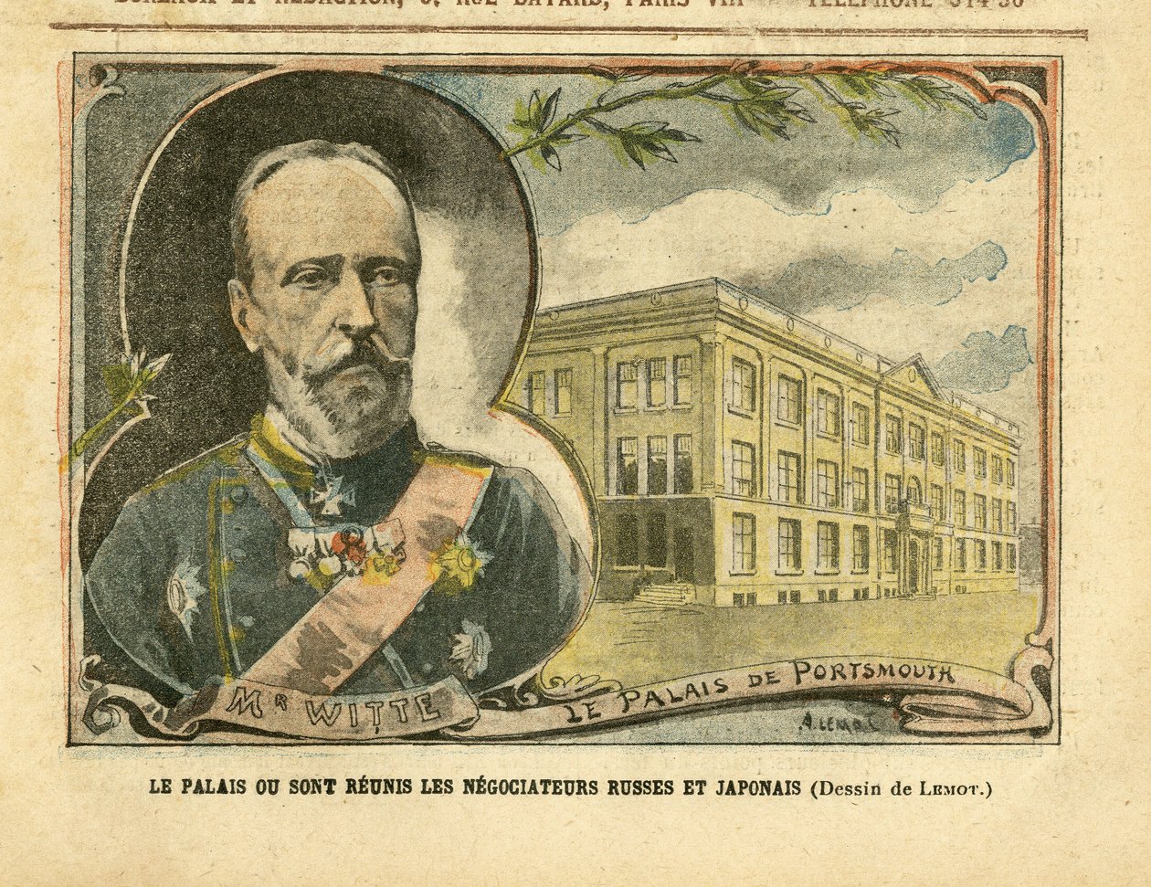 Illustrazione di Achille Lemot in Le Pelerin, 20/08/05 - Il Palazzo dove i negoziatori russi e giapponesi sono riuniti - Russia, Giappone, Guerra russo-giapponese, Portsmouth - Witte Serge da Achille Lemot