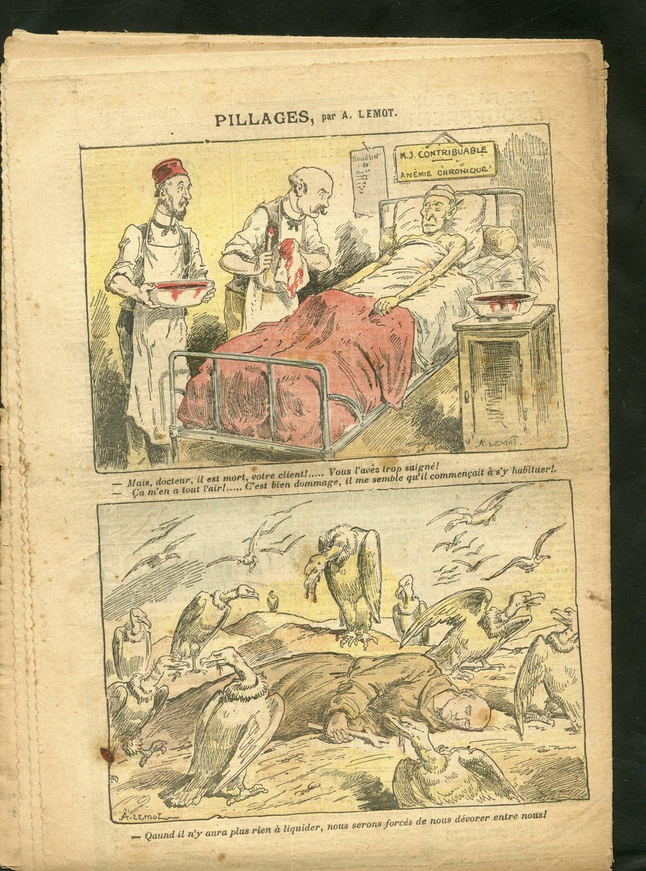 Illustrazione di Achille Lemot (1846-1909) in Le Pelerin, 21/02/09 - Saccheggi - Medicina, Fede Religiosa, Tassazione, Cattolicesimo - Laicizzazione, Congregazioni - Avvoltoio, Medicina, Contribuente, Monaci da Achille Lemot