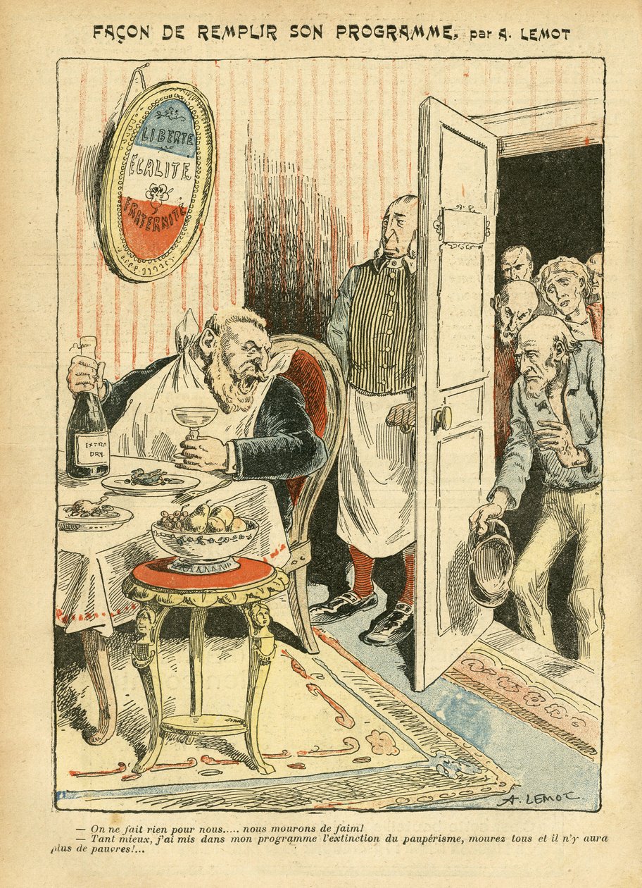 Illustrazione di Achille Lemot in Le Pelerin, 23/07/05 - Come realizzare il suo programma - Sociale, Miseria, Gastronomia cucina, Socialismo - Jaures Jean, Deputato, Homemans - Metafora del cibo, Opposizione/Associazione da Achille Lemot