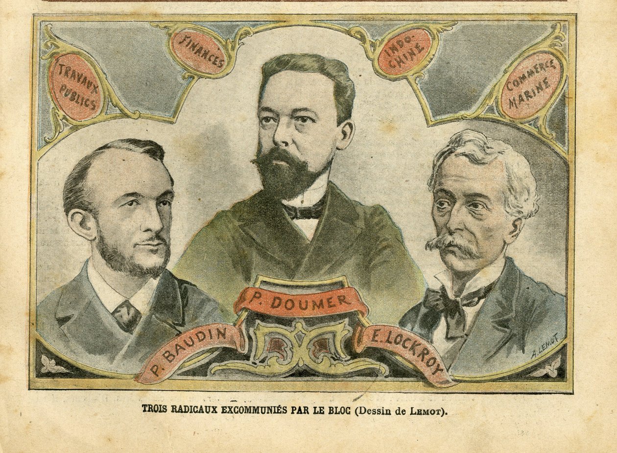 Illustrazione di Achille Lemot in Le Pelerin, 23/10/04 - Tre radicali scomunicati dal Bloc - Finanze del Bilancio, Presidente della Repubblica, Marina Marittima Nautica Balneare, Bloc delle sinistre, Indocina, Opere pubbliche - Doumer Paul da Achille Lemot