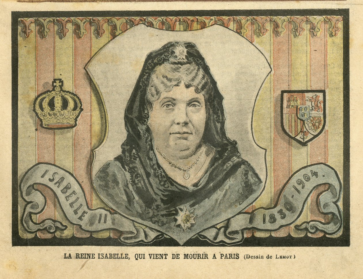 Illustrazione di Achille Lemot in Le Pelerin, 24/04/04 - Regina Isabella, appena morta a Parigi - Parigi, Spagna, Monarchia, Sovrano straniero - Isabella II di Spagna da Achille Lemot