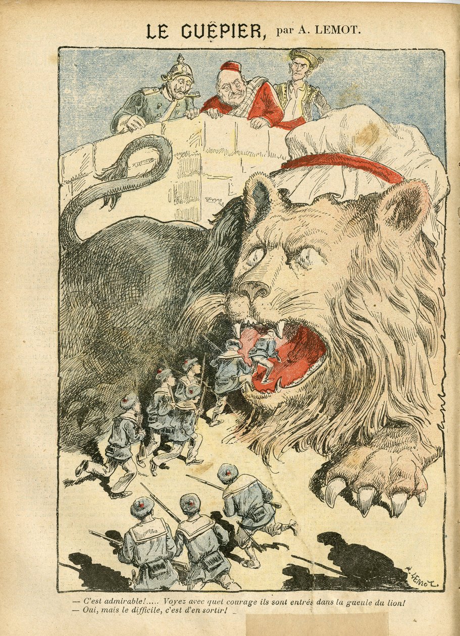 Illustrazione di Achille Lemot (1846-1909) in Le Pelerin, 25/08/07 - Le Guepier - Guerra, Germania Prussia, Inghilterra Gran Bretagna, Spagna, Marina Marittima - Leone/Tigre da Achille Lemot