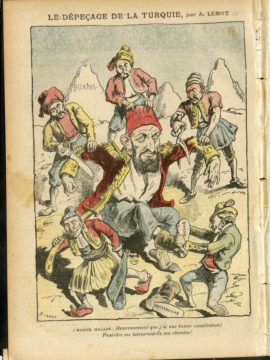 Illustrazione di Achille Lemot in Le Pelerin, 25/10/08 - Il depecage della Turchia - Turchia, Religione Fede, Balcani, Bulgaria, Bosnia Erzegovina, Creta, Cattolicesimo - Abdul-Hamid II da Achille Lemot