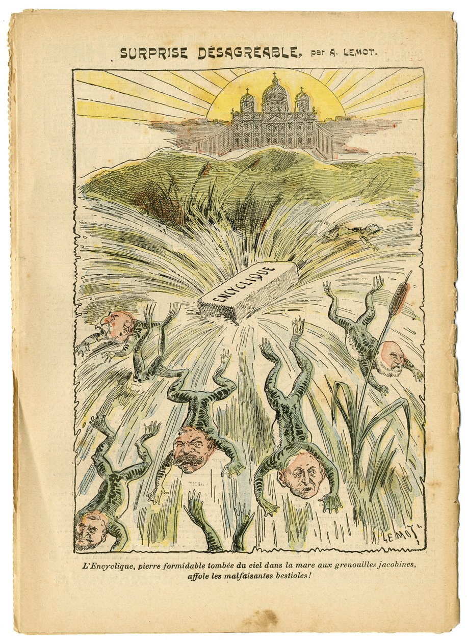 Illustrazione di Achille Lemot (1846-1909) in Le Pelerin, 26/08/06 - Sorpresa sgradevole - Clericale/antirepubblicano, Religione Fede, Vaticano, Espressioni, Cattolicesimo - Enciclica - Rana - Animalizzazione da Achille Lemot