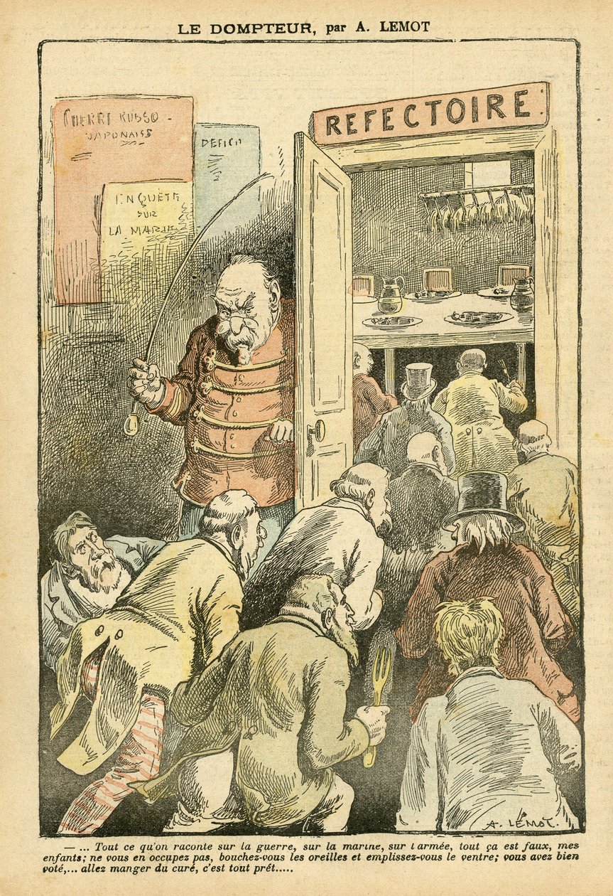 Illustrazione di Achille Lemot in Le Pelerin, 27/03/04 - Il domatore - Ristoranti Caffè, Gastronomia cuoco - Combes Emile, Domatore - Metafora del cibo da Achille Lemot