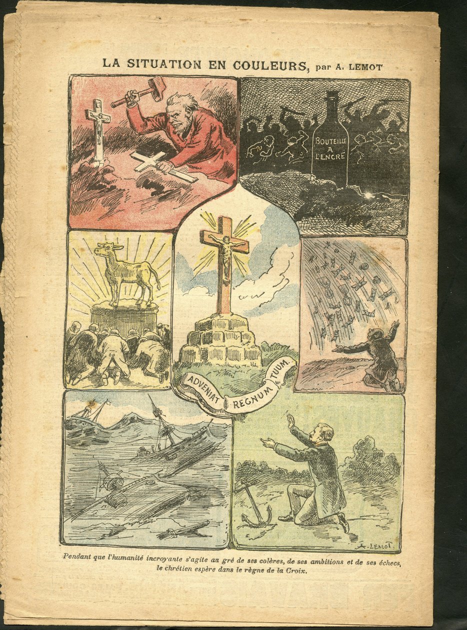 Illustrazione di Achille Lemot (1846-1909) in Le Pelerin, 28/02/09 - La situazione a colori - Religione Fede, Marina Marittima, Ateismo, Disastri Naturali, Croce Cristiana, Cattolicesimo - Vitello d