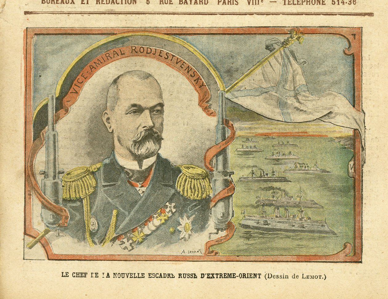 Illustrazione di Achille Lemot in Le Pelerin, 30/04/05 - Il capo della nuova squadra del lontano oriente russo - Russia, Esercito, Marina Mare Litorale, Navi da guerra - Ammiraglio Ammiragli, Rodjestvensky (Zinovi Rozhestvensky da Achille Lemot
