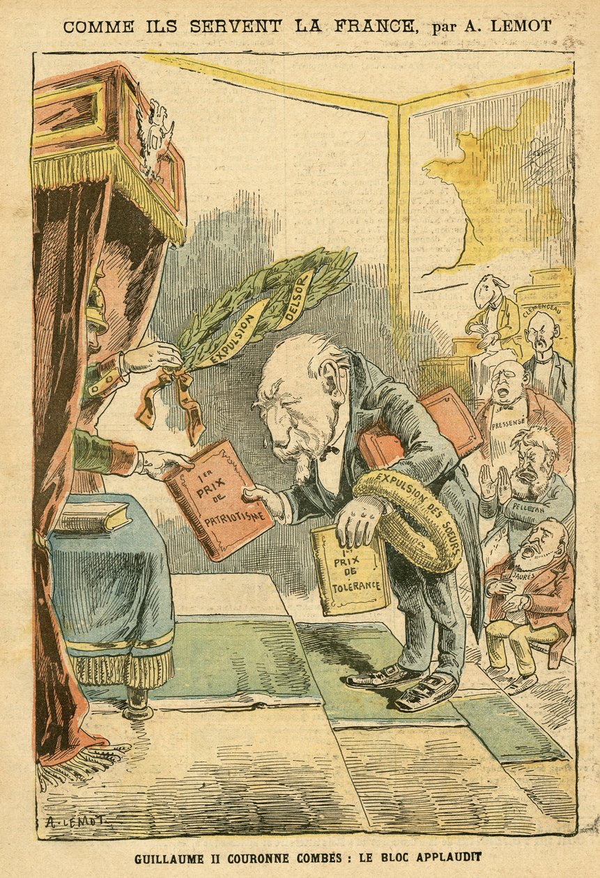 Illustrazione di Achille Lemot (1846-1909) in Le Pelerin, 31/01/04 - Come servono la Francia - Germania Prussia, Religione Fede, Bloc des Left, Patriottismo, Cattolicesimo - Sfratti dei religiosi - Combes Emile (1835-1921), Guglielmo II, Delsor Nicolas (18 da Achille Lemot