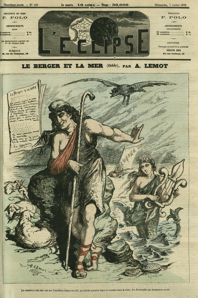Il pastore e il mare illustra una favola per sostituire il cartone animato di Gill "Le rane che chiedono un re" censurato. Copertina in "L