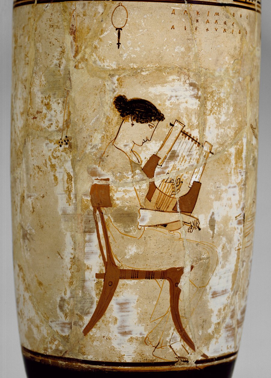 Lekythos attico a fondo bianco con immagine di musiciste da Achilles Painter