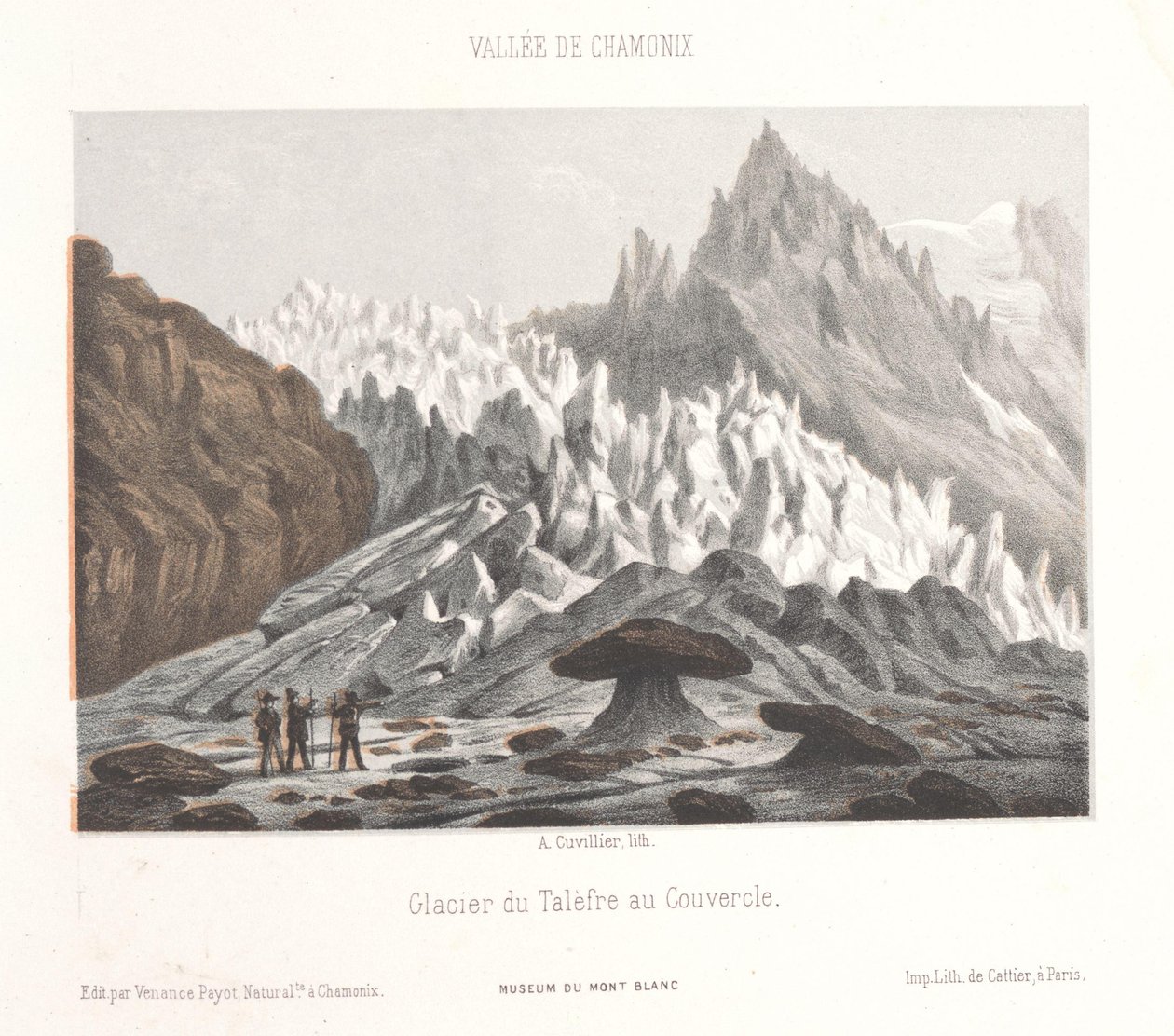 Veduta della pietra Couvercle presso il ghiacciaio Talèfre (Glacier du Talèfre au Couvercle) (Ricordo di Chamonix-Mont-Blanc) (Museum du Mont-Blanc) da Ad. Cuvillier