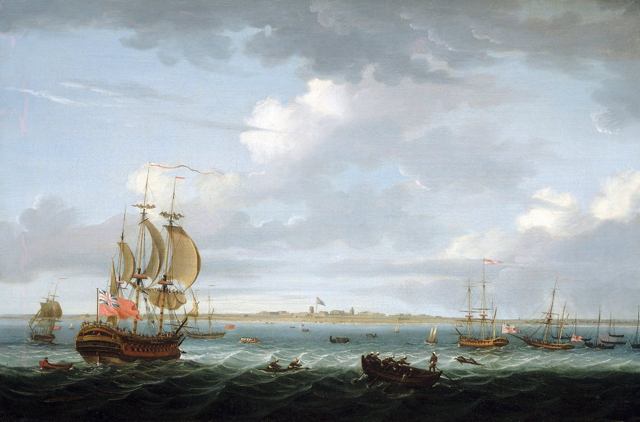 Navigazione al largo della costa di Madras, con una descrizione del porto e della città e la bandiera britannica che sventola su Fort Saint George da Adam Callander