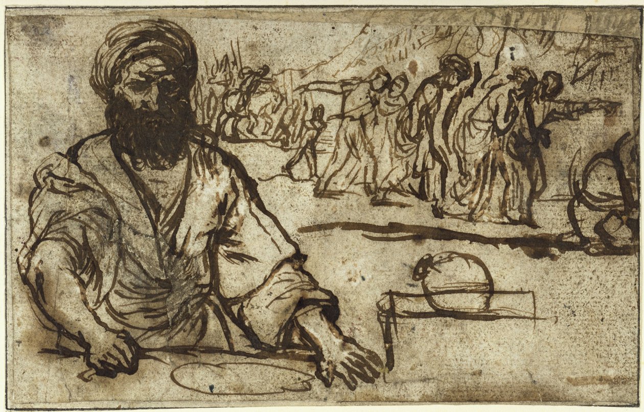 Uomo barbuto seduto, sullo sfondo un corteo di persone e cavalieri da Adam Elsheimer