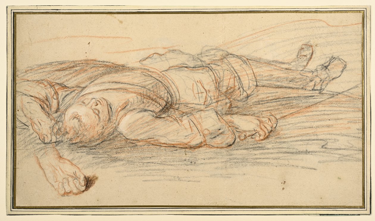 Studio per un guerriero disteso sul campo di battaglia e uno studio aggiuntivo della mano sinistra da Adam Frans van der Meulen