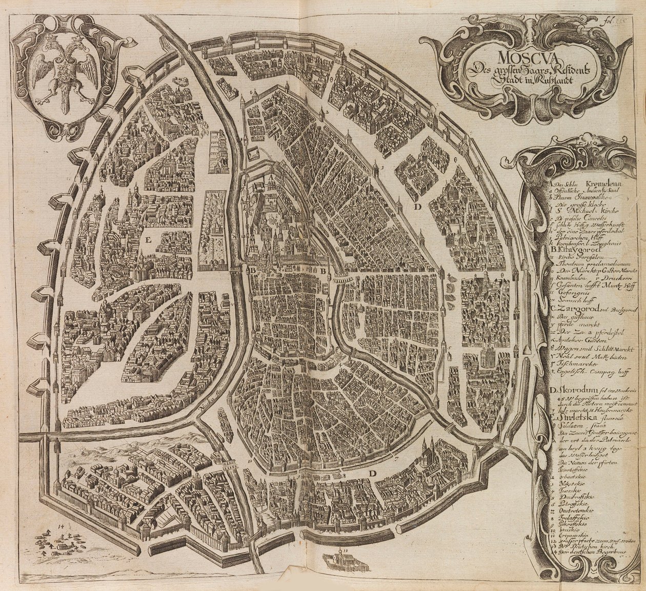 Mappa di Mosca. Da: Vermehrte Newe Beschreibung der Muscowitischen..., 1656 da Adam Olearius
