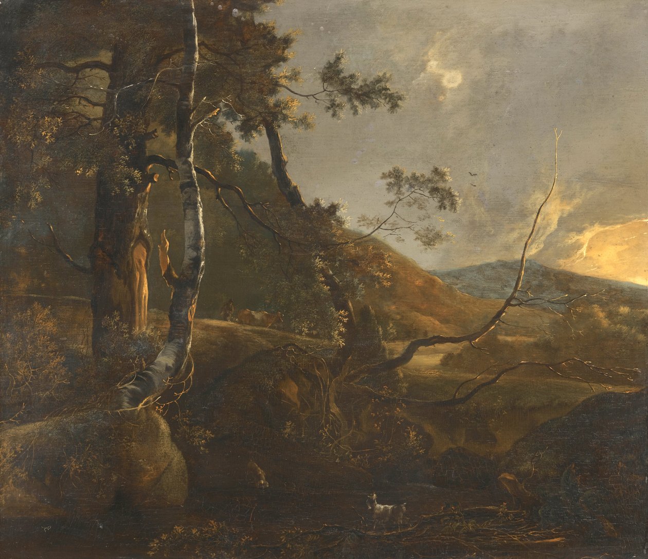 Paesaggio boscoso con un pastore su un sentiero e una capra solitaria da Adam Pynacker