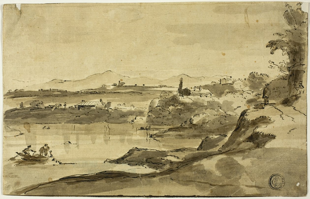 Paesaggio con pescatore nel lago da Adam Pynacker