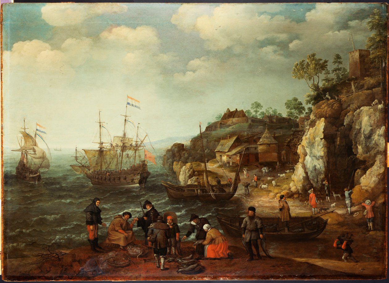 Scena costiera con pescatori e cacciatori sulla riva, 1626 da Adam Willaerts