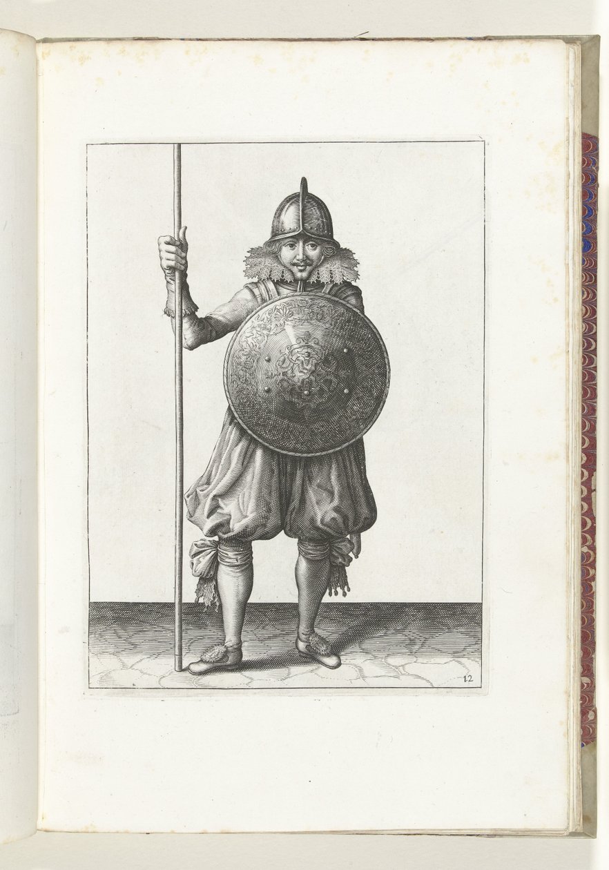 Esercizio con scudo e lancia: il soldato riporta la lancia in posizione di riposo in tre tempi, terzo movimento (n. 12), 1618 da Adam van Breen