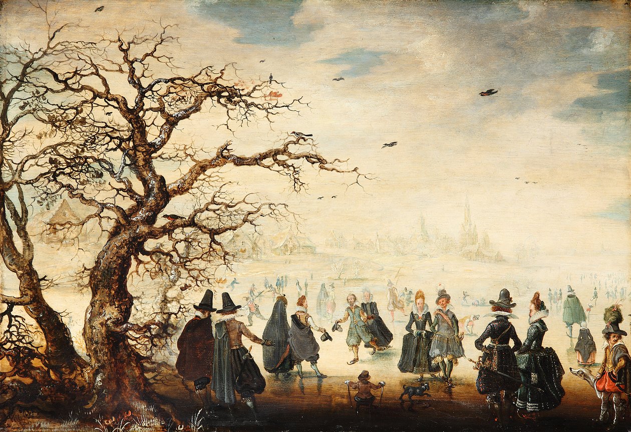 Tedesco: Wintervergnügen Paesaggio invernale con eleganti figure che pattinano sul ghiaccio da Adam van Breen