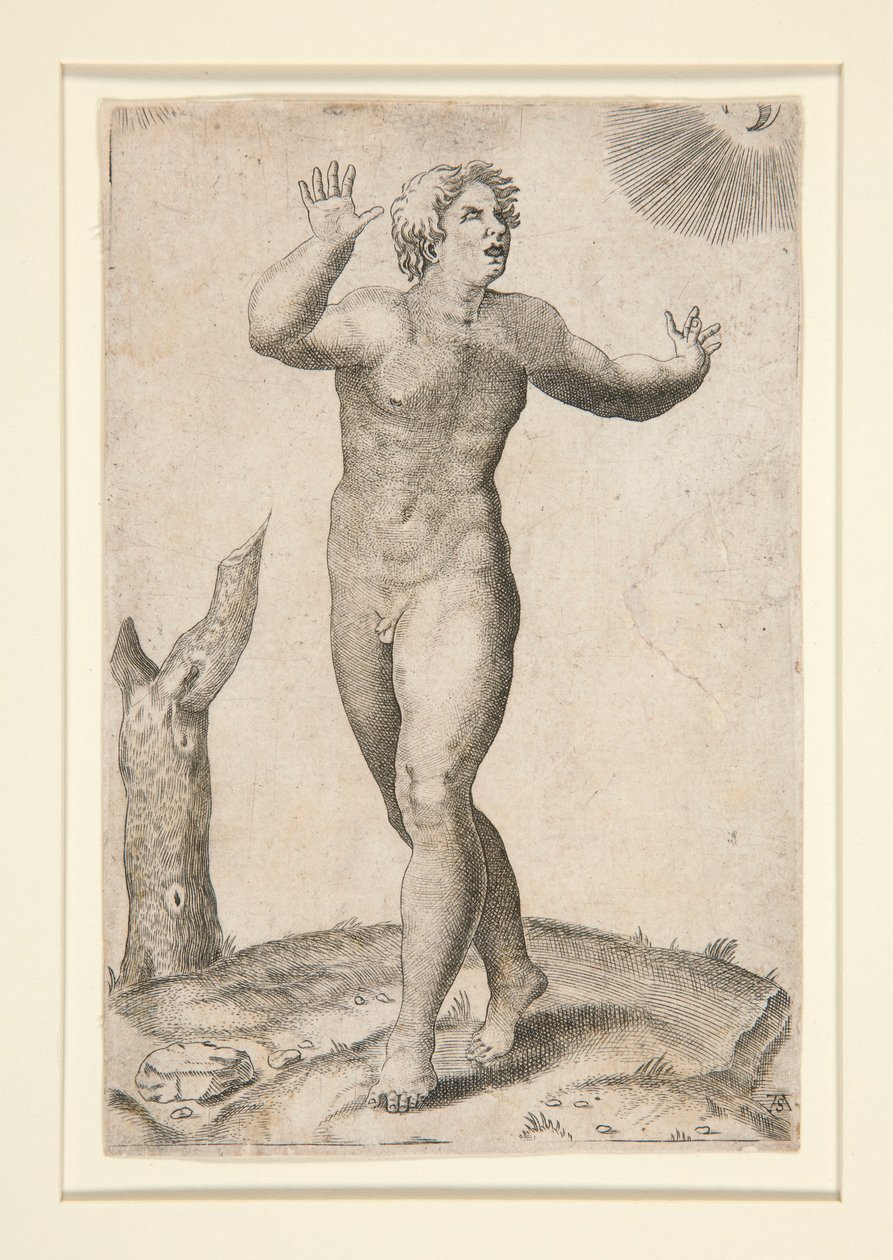 Un uomo nudo spaventato vedendo la luna e il sole nel cielo allo stesso tempo da Adamo Scultori