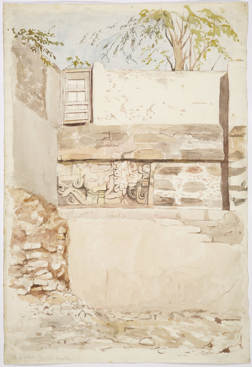 Un rilievo in pietra in un muro di casa da Izamal, Yucatan, Messico da Adela Breton
