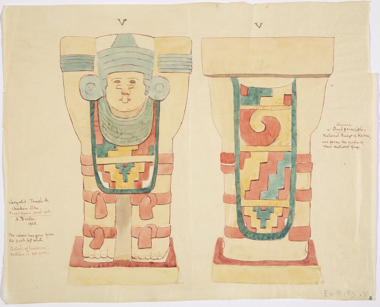 Cariatide dalla camera esterna, Tempio Superiore dei Giaguari (Tempio A), campo da gioco, Chichen Itza da Adela Breton