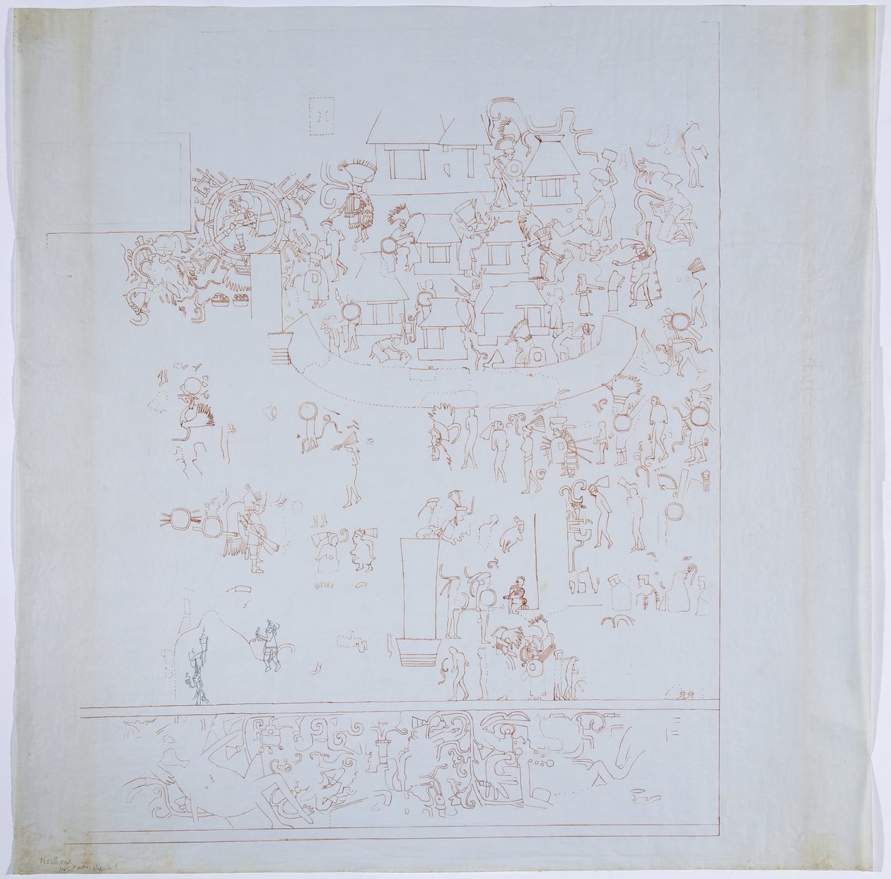 Copia di un murale completo dalla parete ovest, Tempio Superiore dei Giaguari, Chichen Itza, Messico Camera interna sulla parete ovest Disegnato in inchiostro rosso da Adela Breton