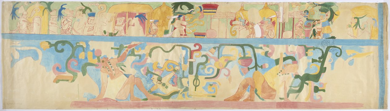 Copia di un dipinto murale dalla parete sud-ovest, Tempio Superiore dei Giaguari, Chichen Itza, Messico da Adela Breton