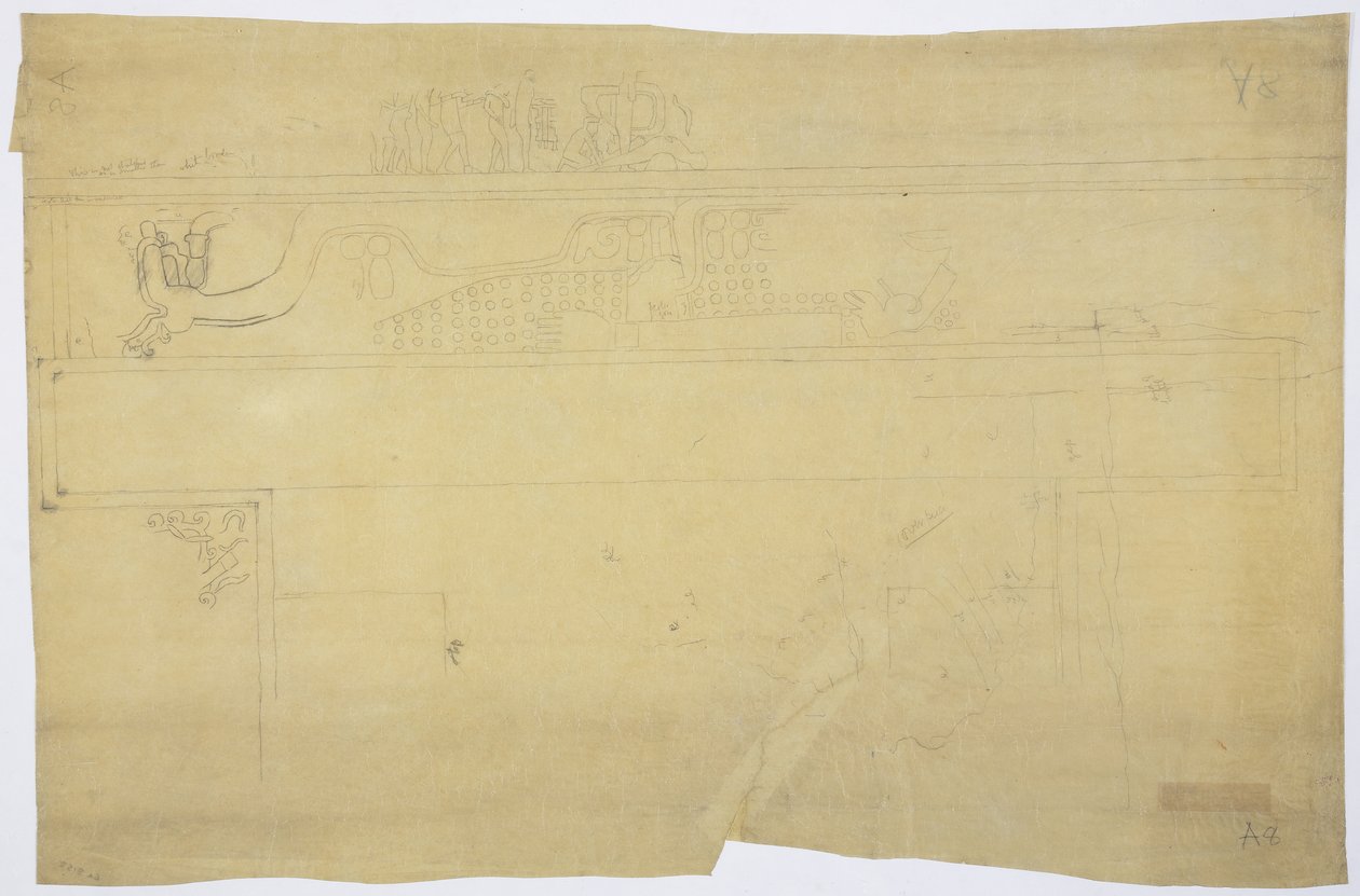 Copia di un tracciato di un dipinto murale sopra la porta, Tempio Superiore dei Giaguari, Chichen Itza, Messico Matita 