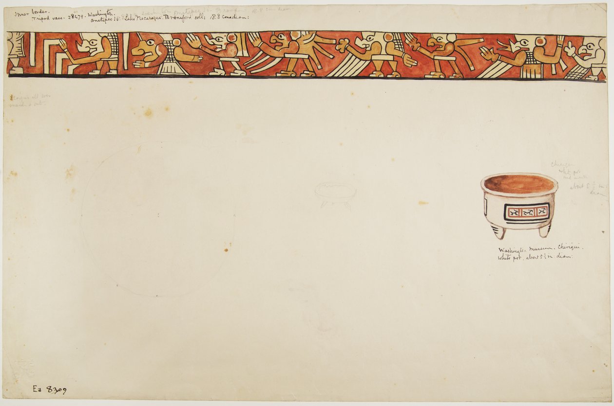 Bordo interno di un vaso a treppiede (che raffigura figure grottesche) e un vaso bianco con disegni contenuti in rettangoli da Adela Breton