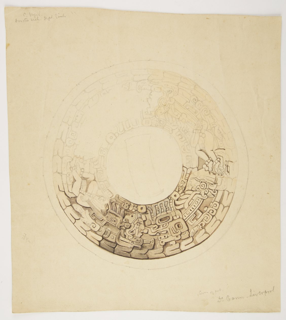 Coperchio di vaso dal Belize (ex Honduras Britannico) Design circolare, parte del quale è mancante, mostra un design che include figure di uomini, glifi ecc. da Adela Breton