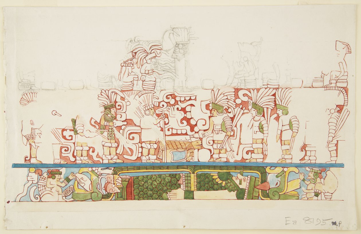 Rilievo in pietra dal centro del Muro Nord, Edificio Nord C, Campo da gioco, Chichen Itza, Messico (acquerello) da Adela Breton