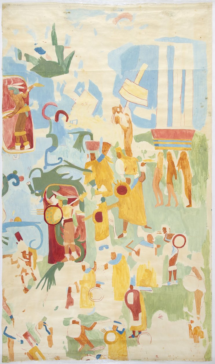 Tracciato di un dipinto murale dalla parete nord della camera interna, Tempio Superiore dei Giaguari (Tempio A di Maudslay), Chichen Itza, Messico da Adela Breton