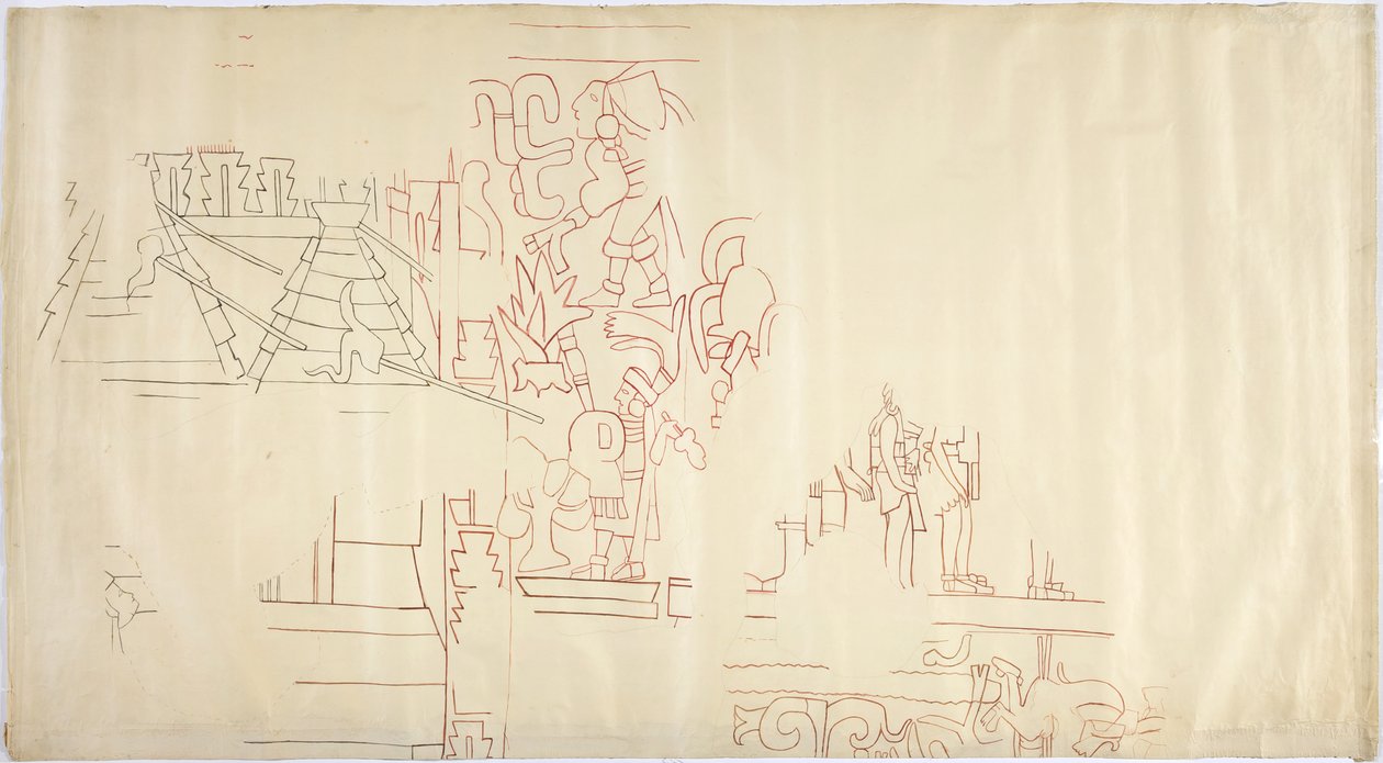 Tracciato di un dipinto murale dalla Casa delle Monache, Chichen Itza, Messico, tracciato e inchiostrato in nero e rosso da Adela Breton