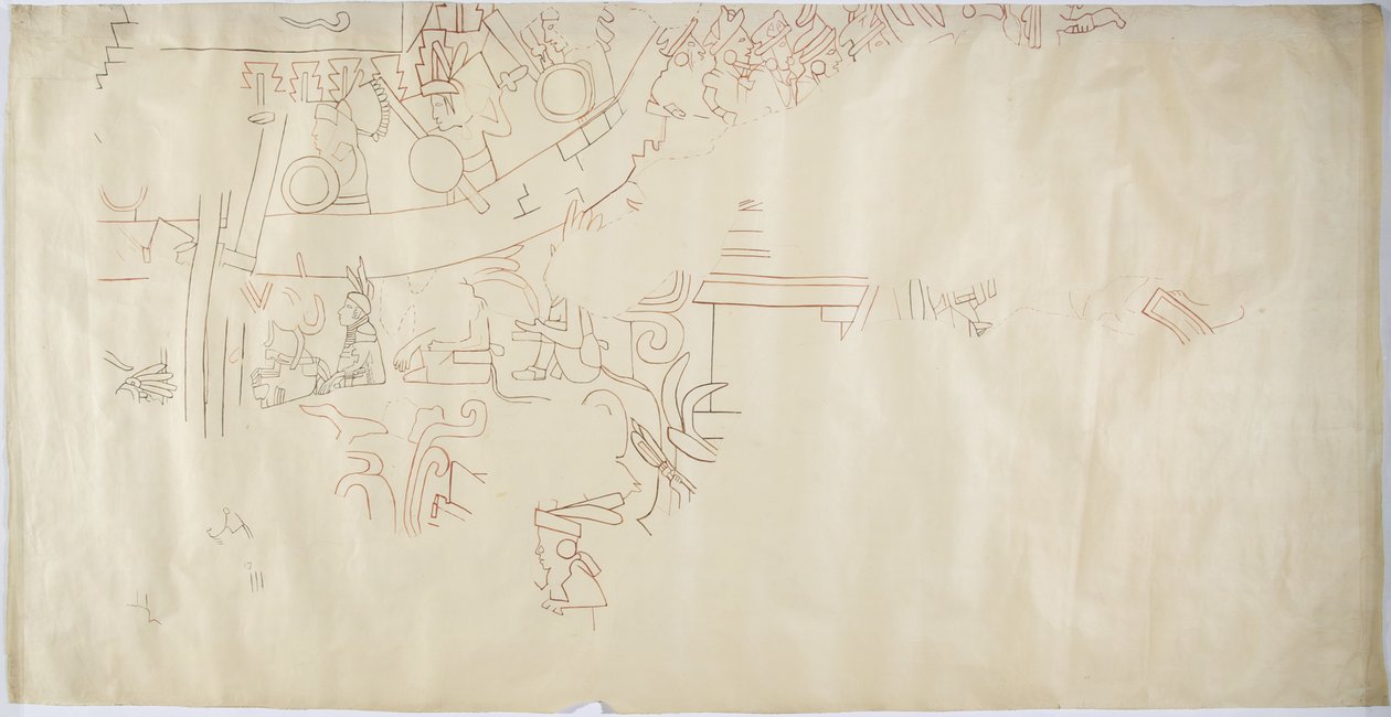 Tracciato di un dipinto murale dalla Casa delle Monache, Chichen Itza, Messico, volta nella grande camera da Adela Breton