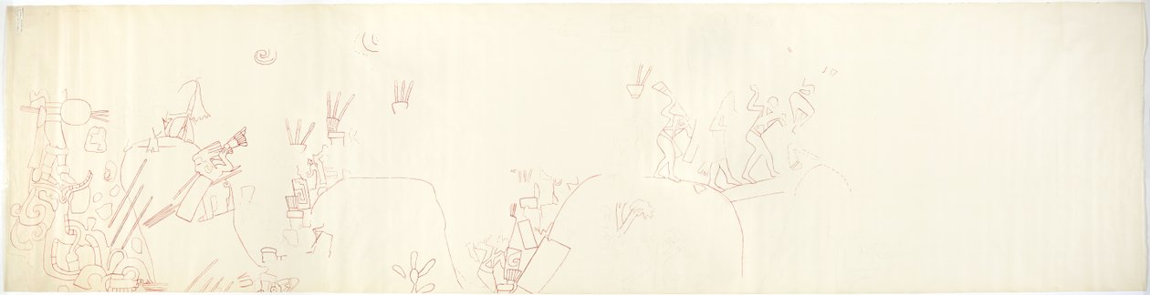 Tracciato di un dipinto murale dalla parete est, Tempio Superiore dei Giaguari, Chichen Itza, Messico da Adela Breton