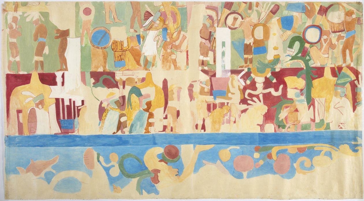 Ricalco di un dipinto murale dalla parete sud, camera interna, Tempio Superiore dei Giaguari, Grande Campo da Gioco a Chichen Itza, Messico da Adela Breton