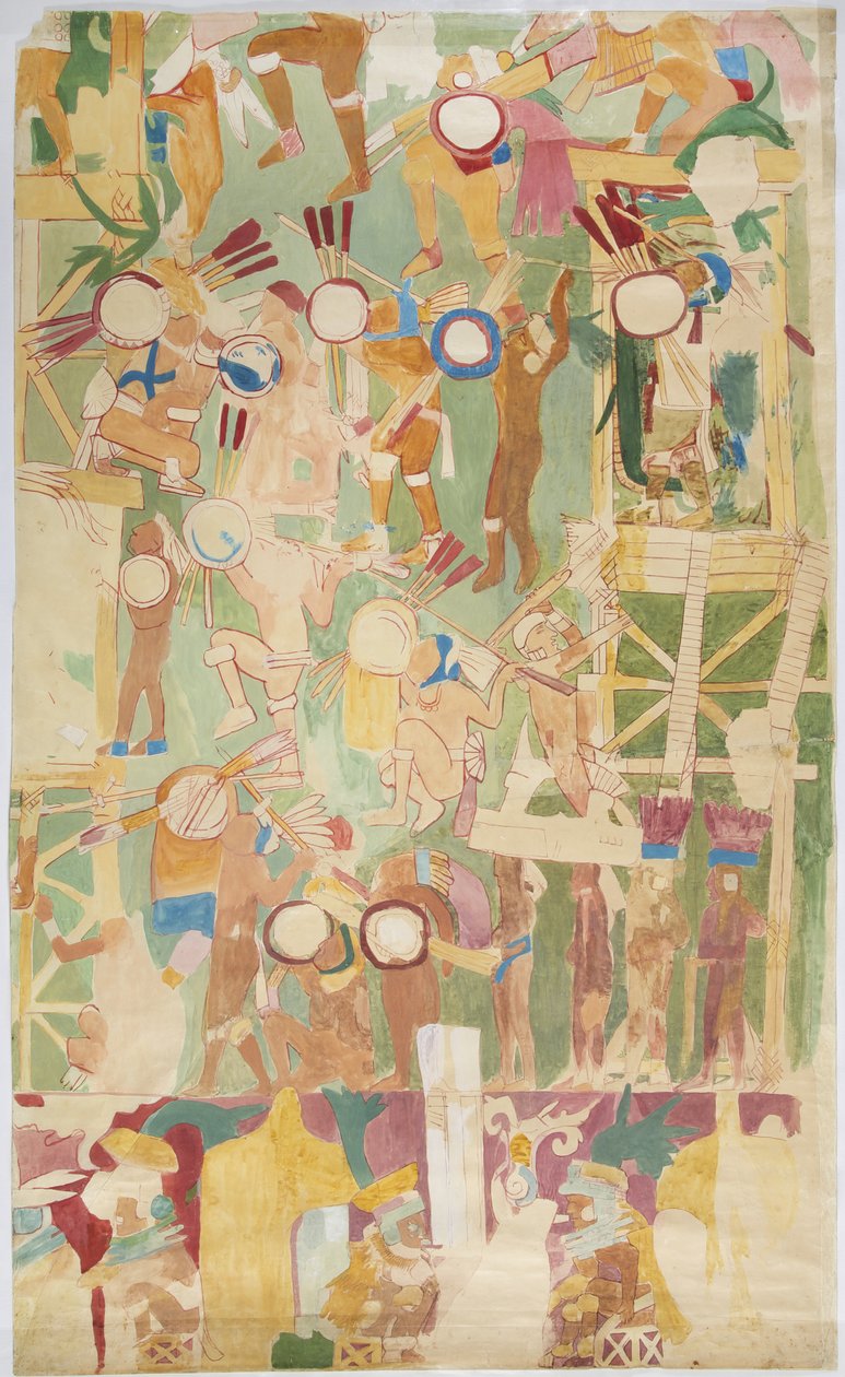 Ricalco di una pittura murale dalla parete sud, camera interna, Tempio Superiore dei Giaguari, Grande Campo da Gioco a Chichen Itza, Messico da Adela Breton