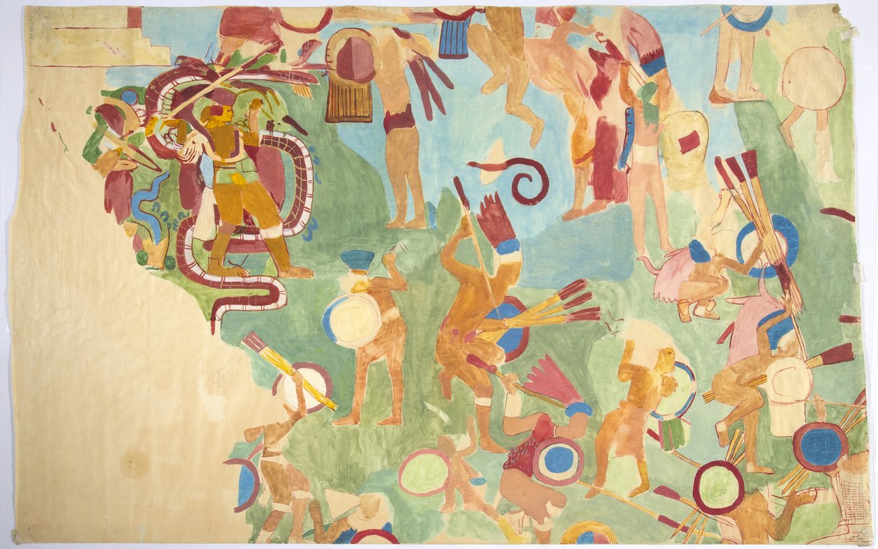 Ricalco di una pittura murale dalla camera interna, Tempio Superiore dei Giaguari, parete sud, Grande Campo da Gioco, Chichen Itza, Messico da Adela Breton