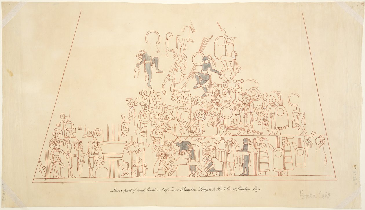 Tracciato di un dipinto murale dalla volta sud, camera interna, Tempio Superiore dei Giaguari, Chichen Itza, Messico da Adela Breton