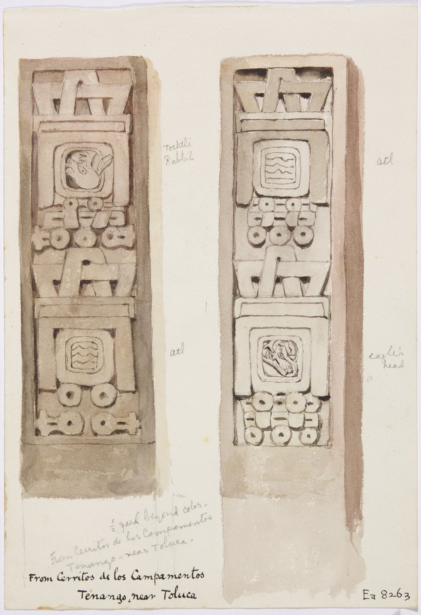 Due colonne entrambe con rilievi in pietra, Cerritos de los Campamentos, Tenago, vicino a Toluca, Messico da Adela Breton