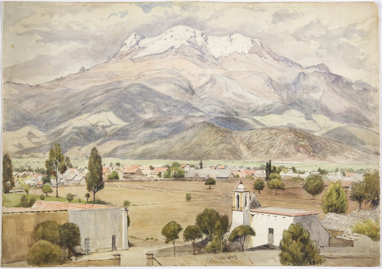 Villaggio in primo piano e montagne sullo sfondo da Adela Breton