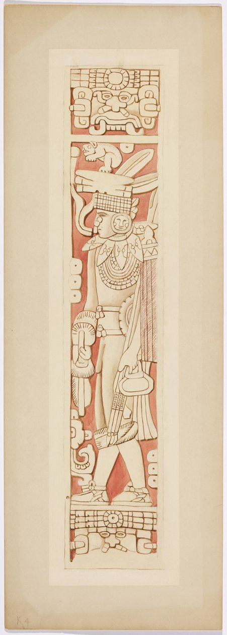 Figura di guerriero sugli stipiti della porta tra la camera interna e quella esterna del Tempio Superiore dei Giaguari da Adela Breton