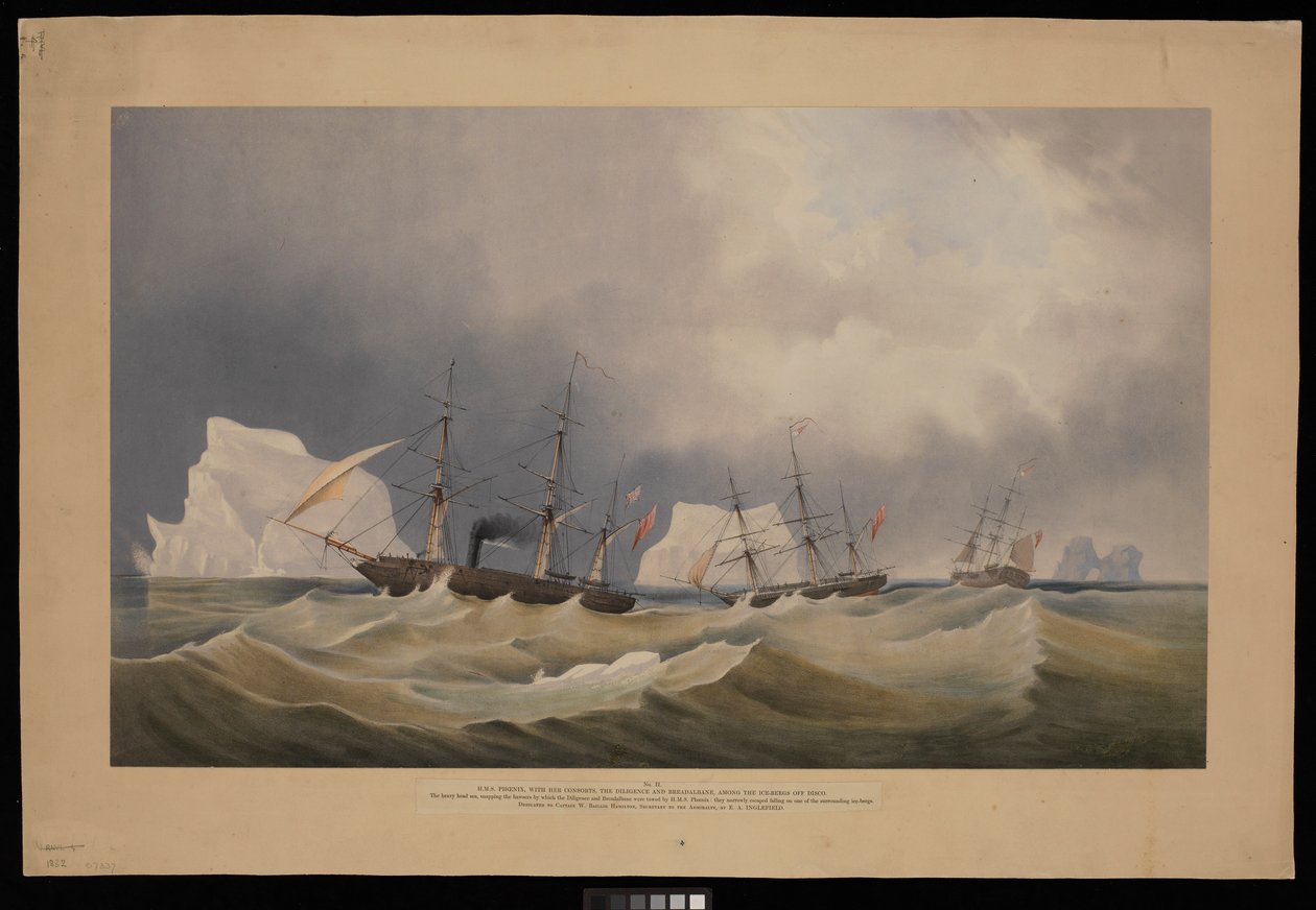H.M.S. Phoenix con i suoi consorti, The Diligence e Breadalbane, tra gli iceberg da Admiral Edward Augustus Inglefield