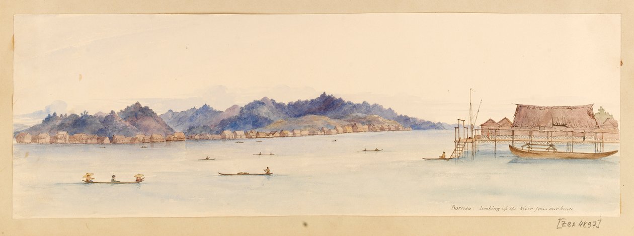 Borneo - Guardando il fiume dalla nostra casa dal taccuino delle Indie Occidentali, Nord America e Borneo, c.1845 da Admiral Sir Edward Gennys Fanshawe