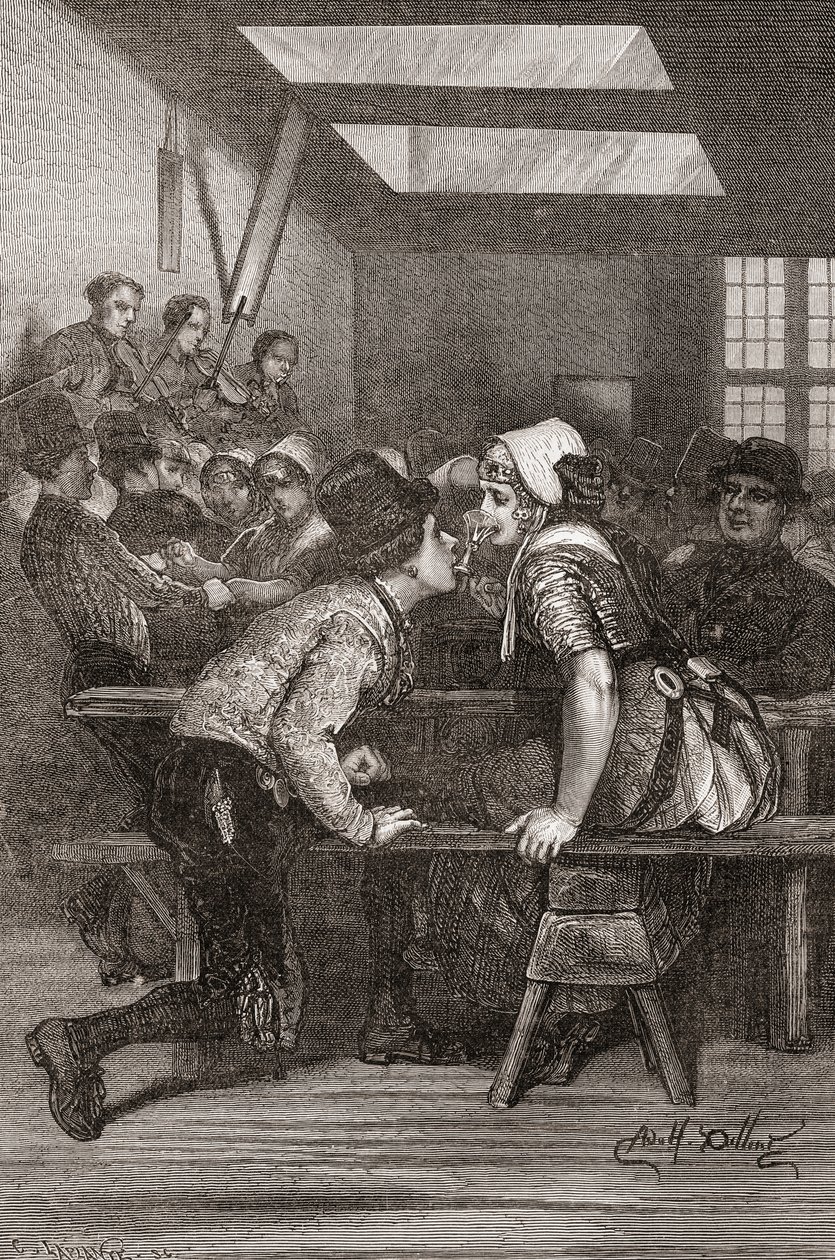 Un giovane tiene un bicchiere tra i denti per far bere la sua amante, Zeeland, Paesi Bassi, illustrazione da 